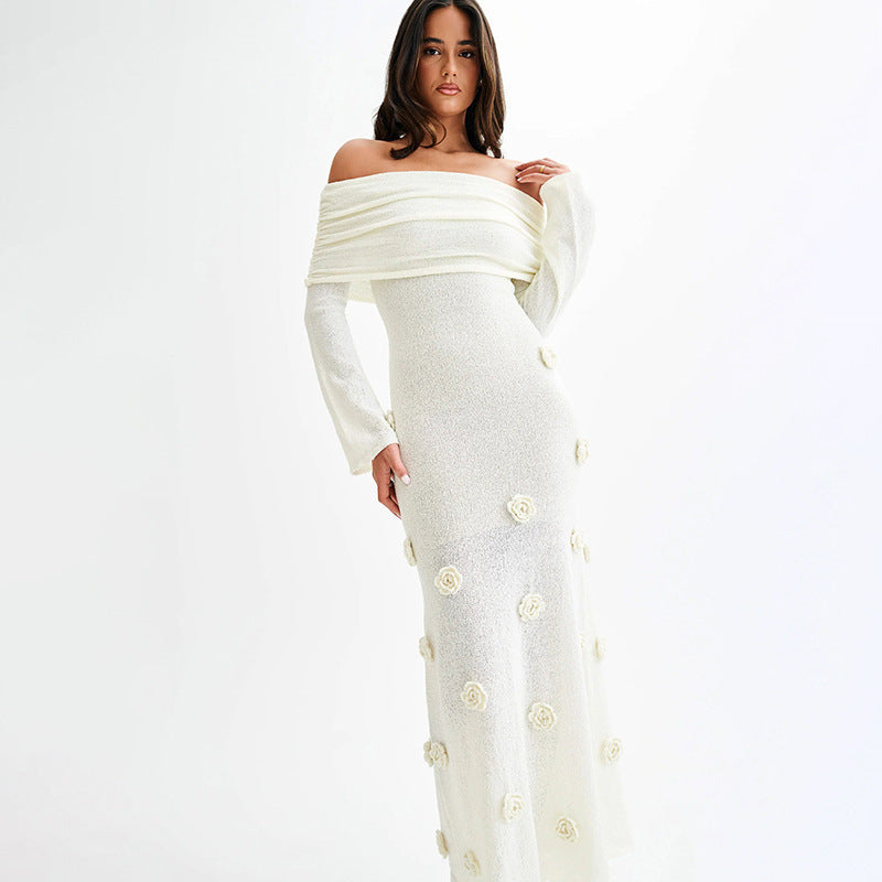 Damen Elegantes Abendkleid mit Schulterfreiem Design und Blumenapplikationen Drune