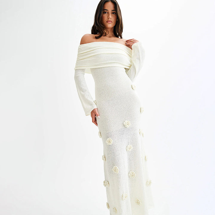 Damen Elegantes Abendkleid mit Schulterfreiem Design und Blumenapplikationen Drune