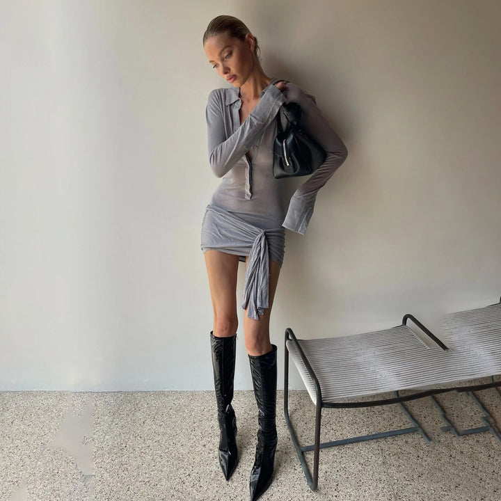 Damen schickes Wickelkleid mit langem Arm und minimalistischer Knopfleiste Drune