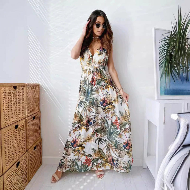 Damen Maxikleid mit floralen Mustern und tailliertem Oberteil Drune