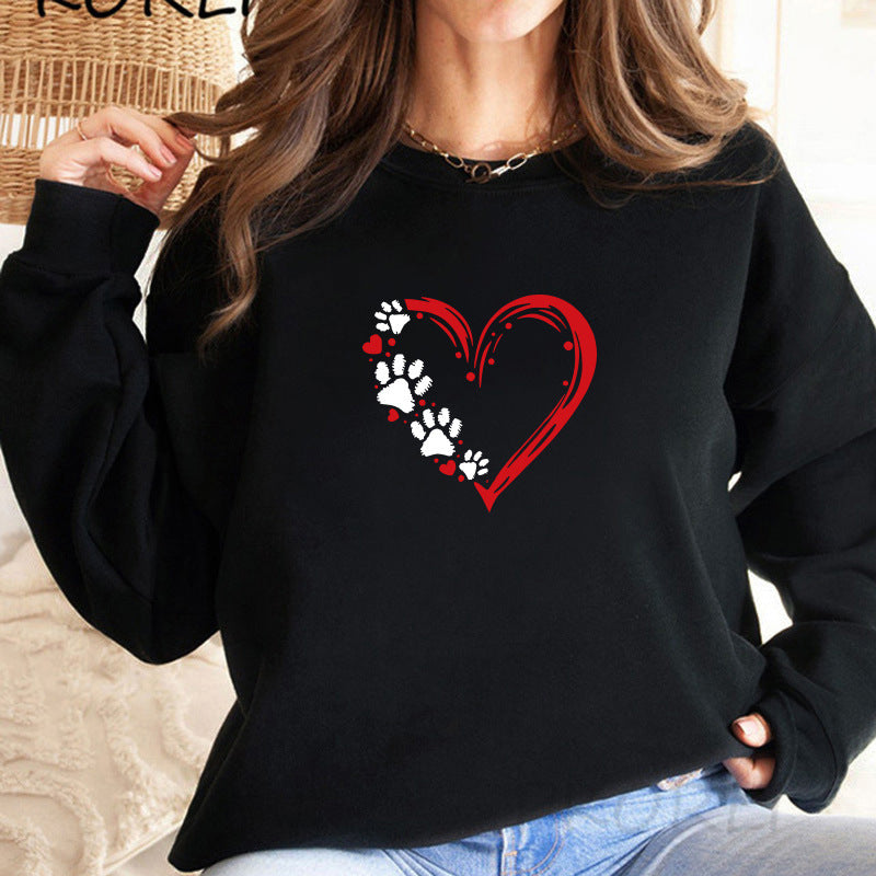 Damen Sweatshirt mit kreativem Herz- und Pfotendesign Drune