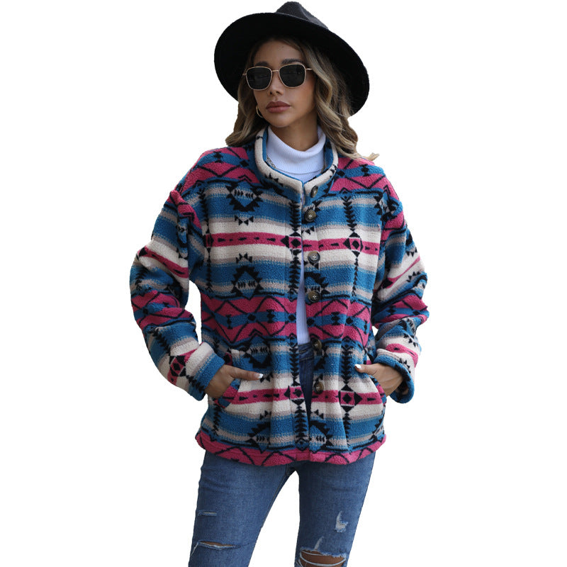 Damen Fleecejacke mit attraktiven geometrischen Mustern und praktischen Taschen Drune