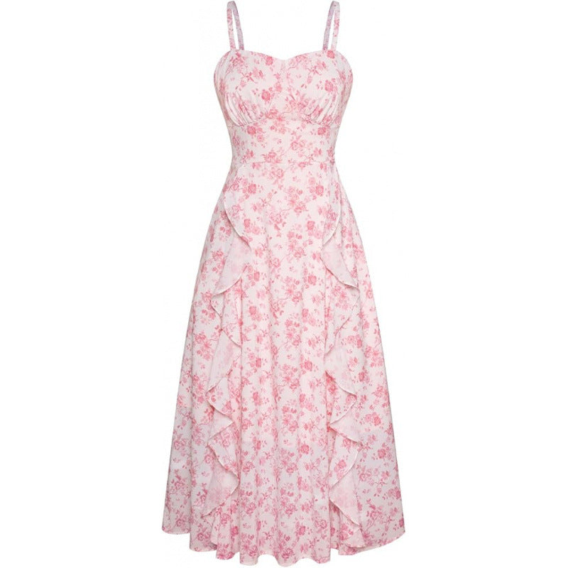 Damen Freizeitmaxikleid mit zarten Rüschendetails und floralem Design Drune