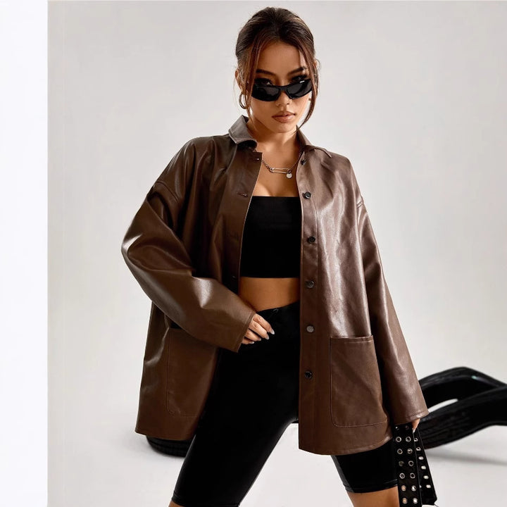 Damen Modische Oversized-Lederjacke Drune