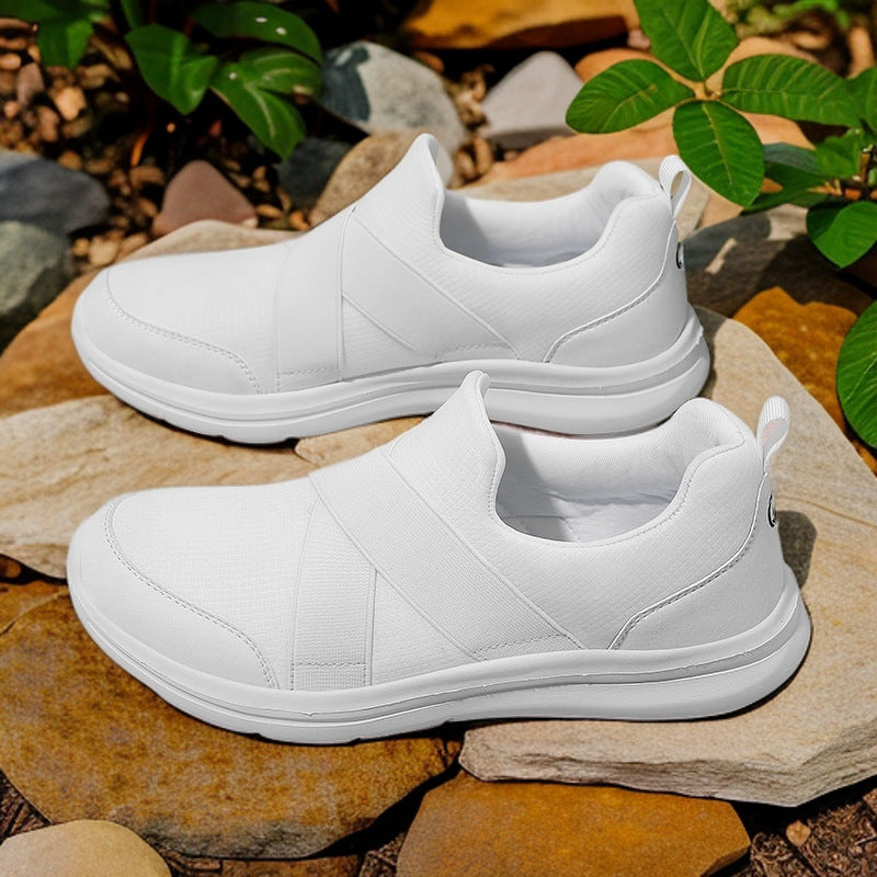 Damen nan elastischer Slip-On Komfort-Sneaker mit atmungsaktivem Strickoberteil, gekreuzten Stretchriemen und dämpfender EVA-Sohle Drune