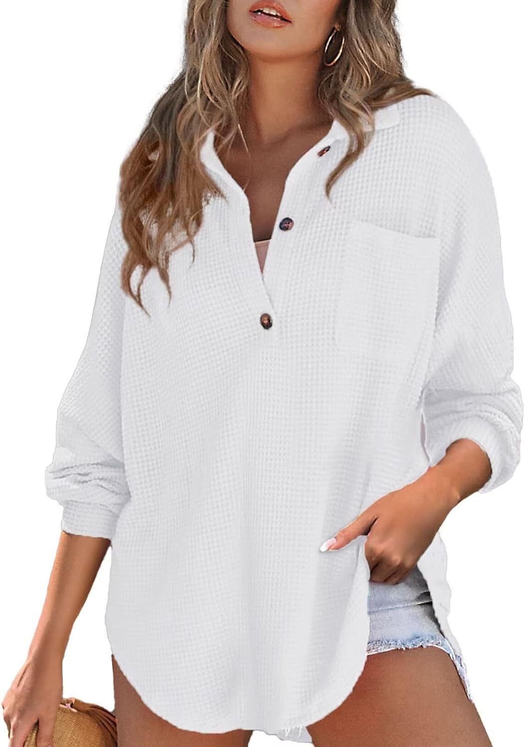 Damen lässiges Waffelshirt mit Knopfdetails und Taschen Drune