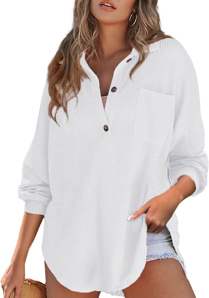 Damen lässiges Waffelshirt mit Knopfdetails und Taschen Drune