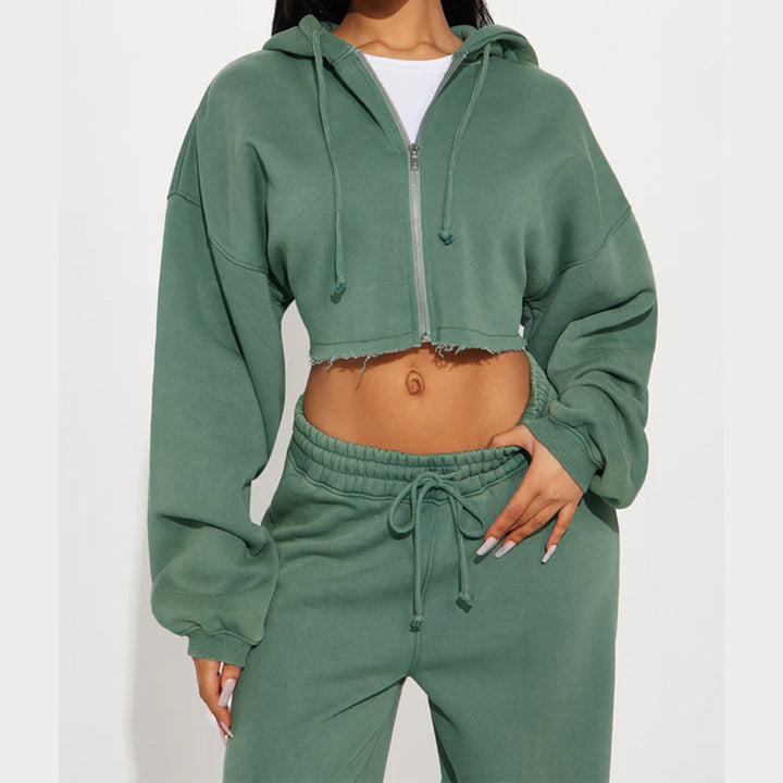 Damen nan Kapuzen-Crop-Top und weite Jogginghose Lounge-Set aus weichem Fleece Drune