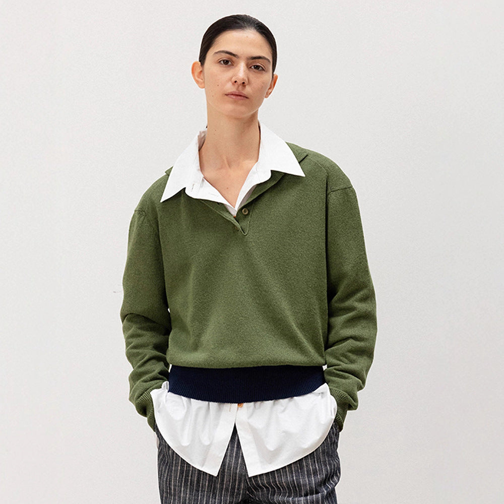 Damen lässiger Strickpullover mit Polokragen und kontrastierendem Bund Drune