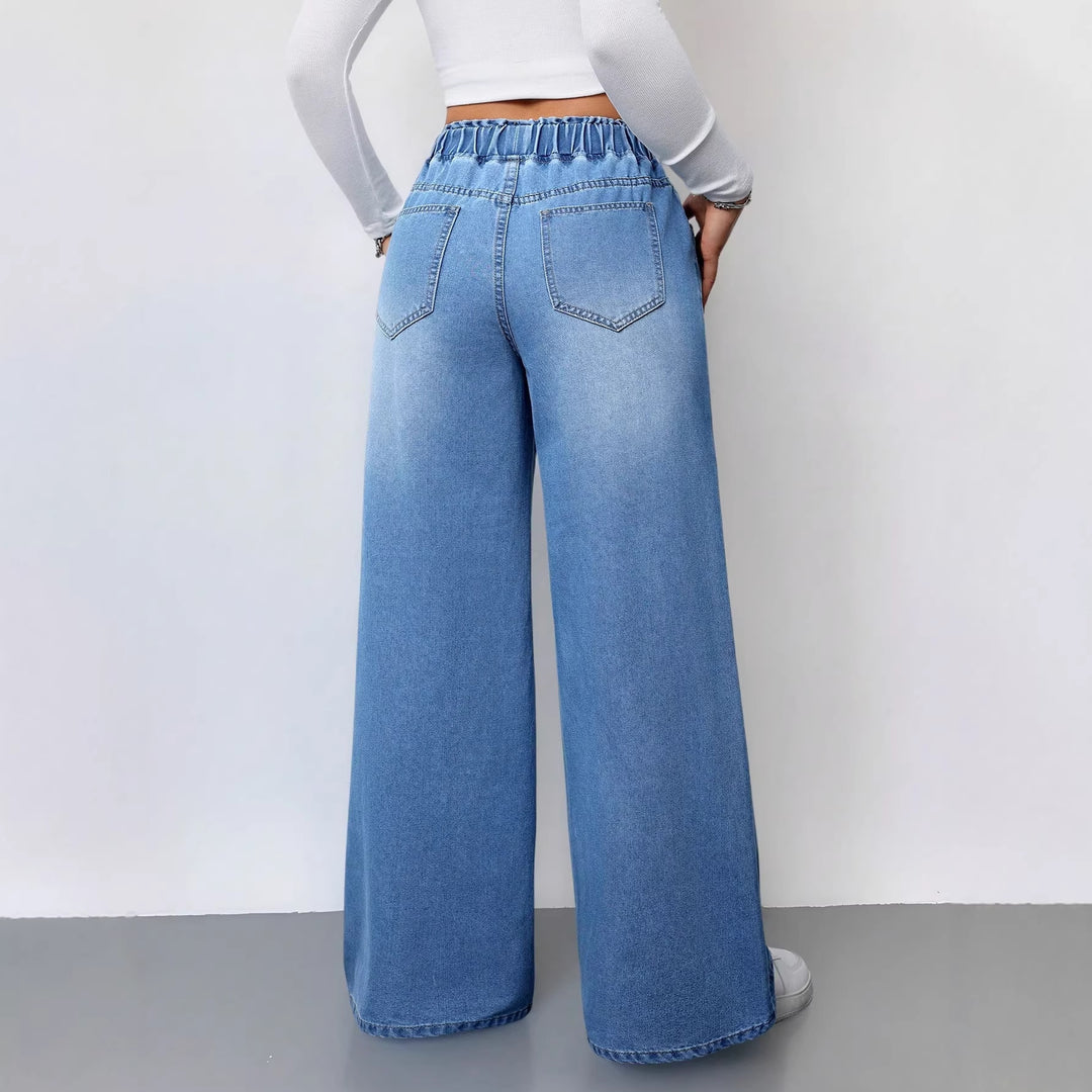 Damen Weit geschnittene Denim-Hose mit elastischem Bund und praktischen Taschen Drune