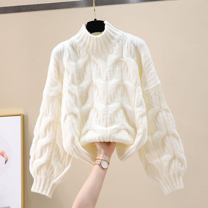 Damen kuscheliger Strickpullover mit voluminösen Ärmeln und Zopfmuster Drune