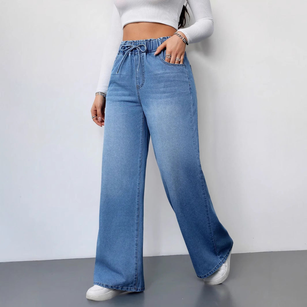 Damen Weit geschnittene Denim-Hose mit elastischem Bund und praktischen Taschen Drune