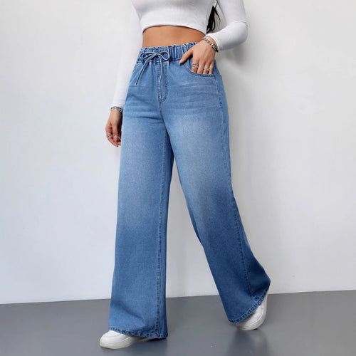 Damen Weit geschnittene Denim-Hose mit elastischem Bund und praktischen Taschen Drune
