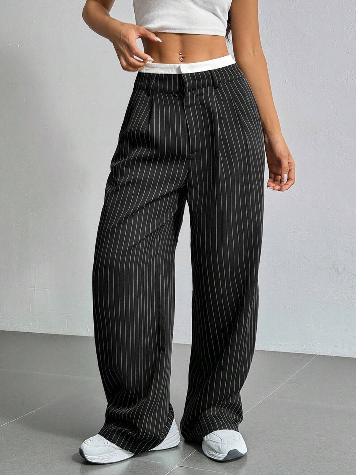Damen Elegante Weite Hose mit Nadelstreifen und hohem Bund Drune
