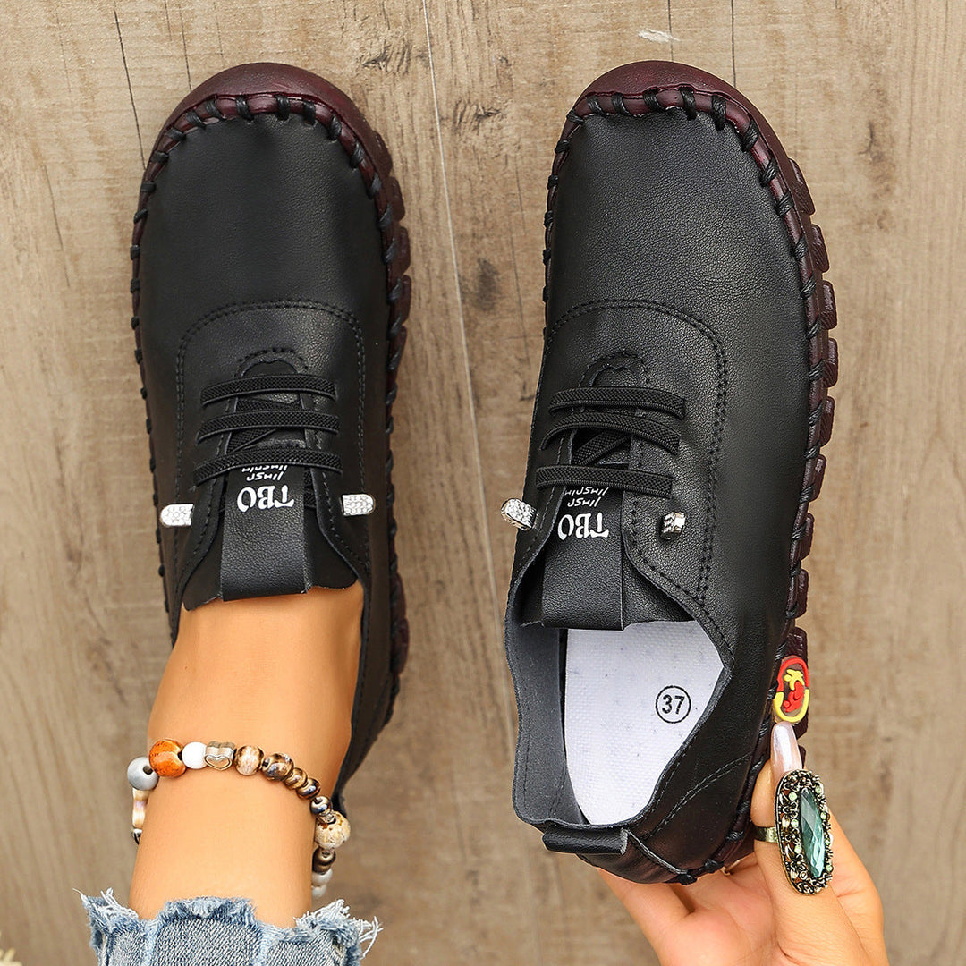 Damen Freizeit-Leder-Sneaker mit elastischen Schnürsenkeln und rutschfester Sohle Drune