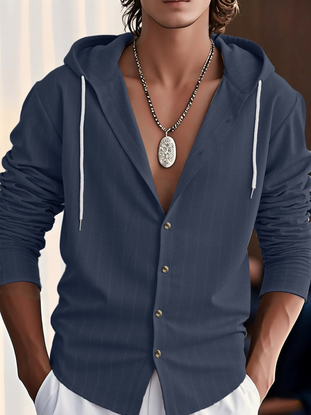 Herren lässige Freizeitjacke mit Kapuze und Knopfleiste Drune