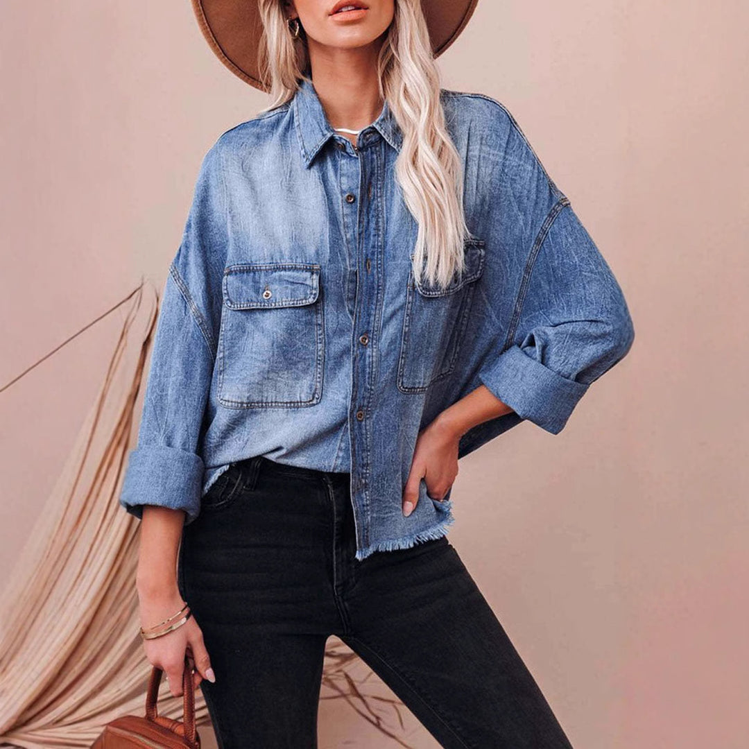 Damen lässige Oversized Jeanshemd mit aufgesetzten Taschen Drune
