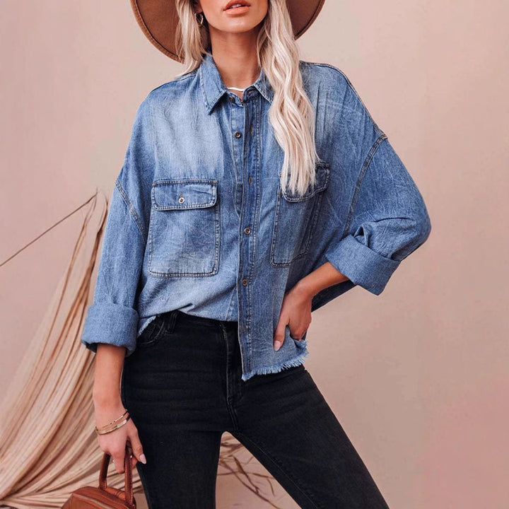 Damen lässige Oversized Jeanshemd mit aufgesetzten Taschen Drune