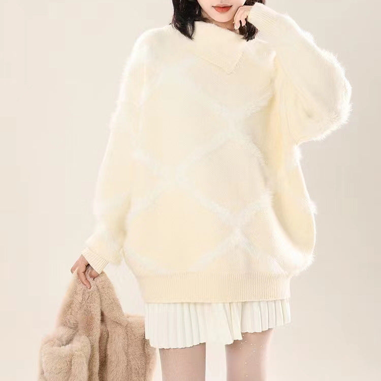 Damen Großer Strickpullover mit geometrischem Muster und hohem Kragen Drune