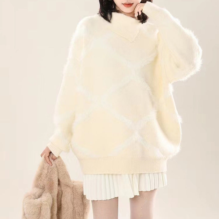 Damen Großer Strickpullover mit geometrischem Muster und hohem Kragen Drune