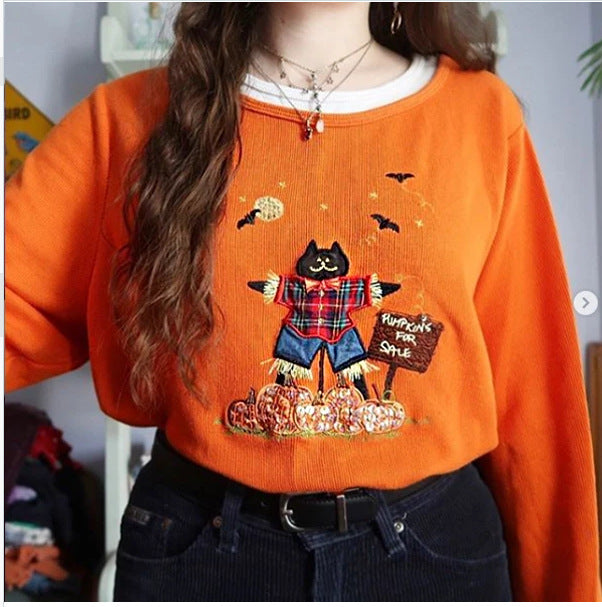 Damen lässiger Halloween-Pullover mit buntem Katzenmotiv und Stickereien Drune