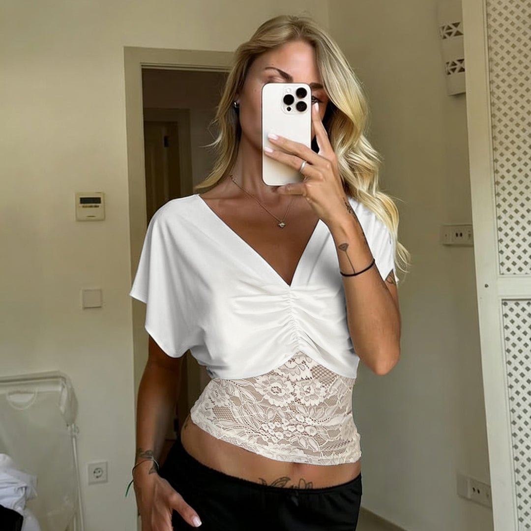 Damen elegantes Oberteil mit Spitze und Raffung Drune