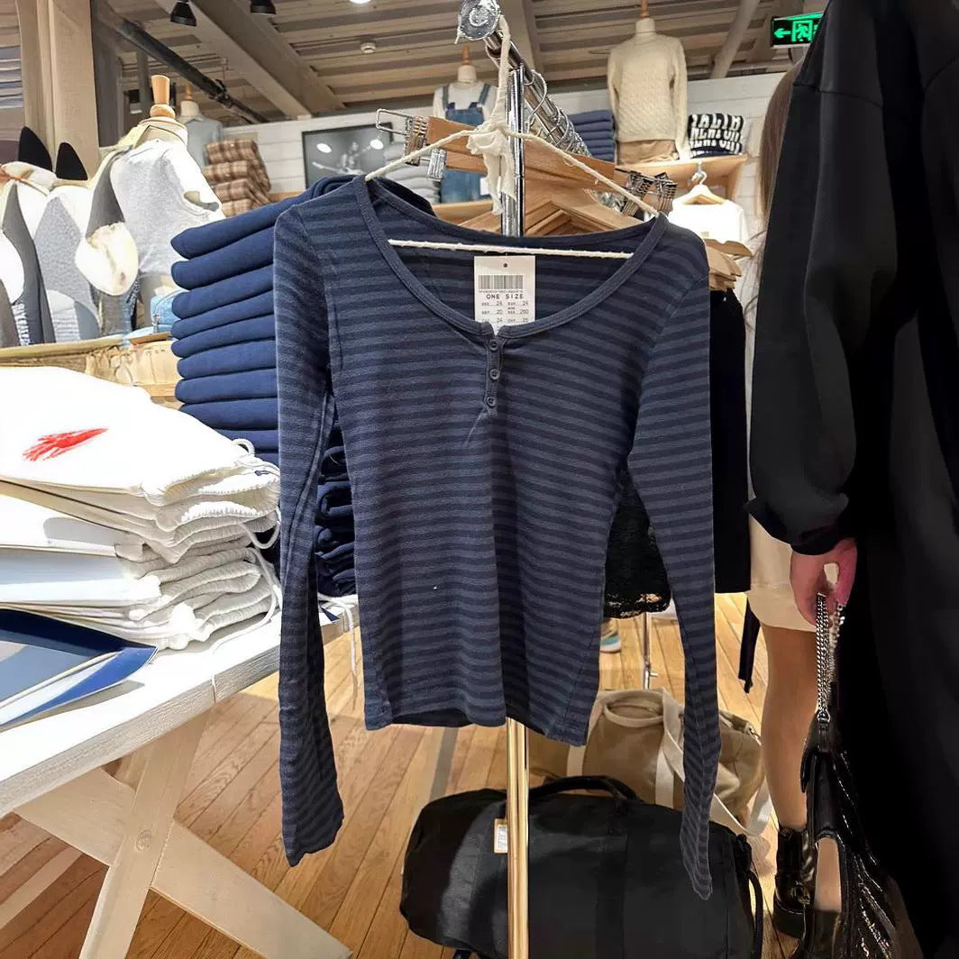 Damen Langarm-Henley-Shirt mit feinen Streifen Drune