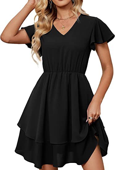 Damen Freizeitkleid mit fließendem Rock und Rüschenärmeln Drune