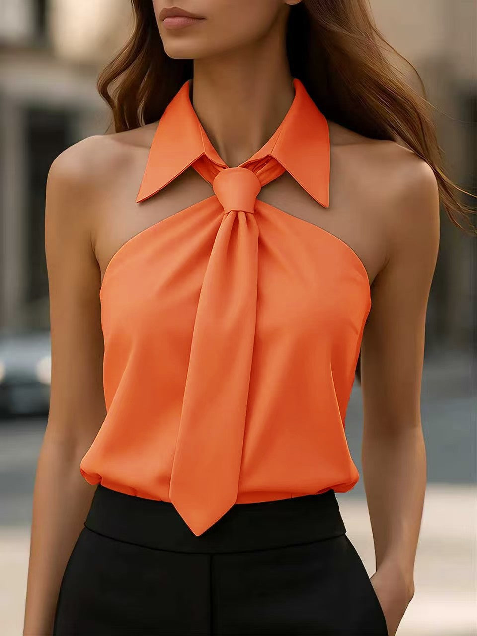 Damen Bluse mit elegante Kragen- und Bindebanddetail Drune