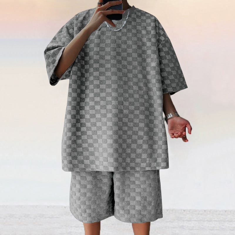 Herren nan oversized Lounge-Set mit strukturierter Waffel-Karo-Optik, Kurzarmshirt und Bermuda-Shorts Drune