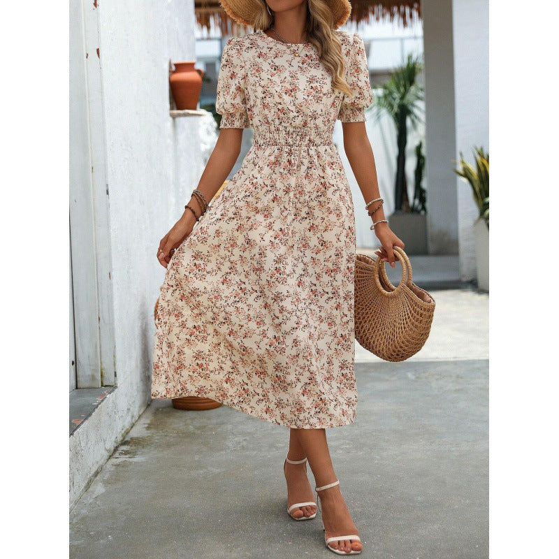 Damen Leichtes Blumendruck Maxi Kleid mit Smock-Taille Drune
