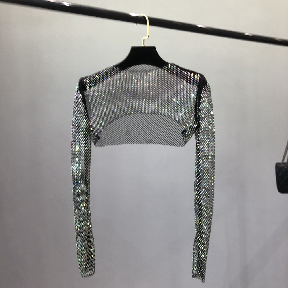 Damen Netzoberteil mit funkelndem Design und elastischen Ärmeln Drune