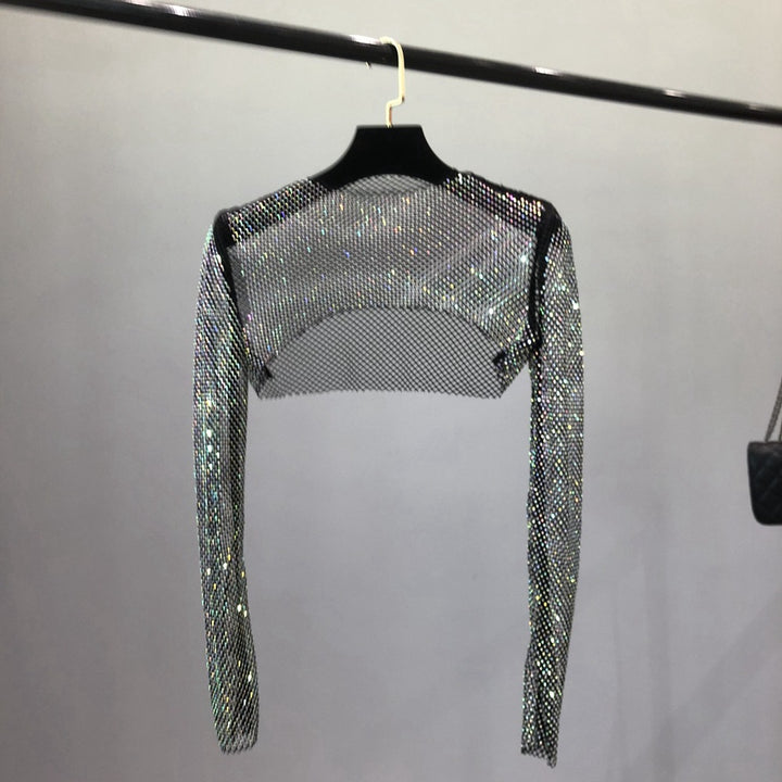 Damen Netzoberteil mit funkelndem Design und elastischen Ärmeln Drune