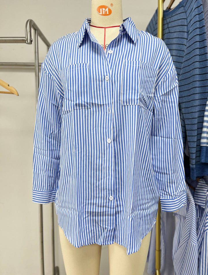 Damen lässiges Oversize-Hemd mit feinem Streifenmuster und Knopfdetails Drune