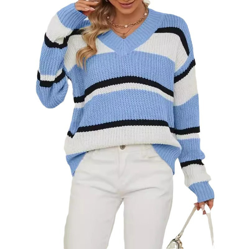 Damen modischer V-Ausschnitt Strickpullover mit breiten Streifen Drune