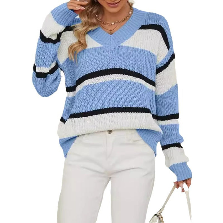 Damen modischer V-Ausschnitt Strickpullover mit breiten Streifen Drune