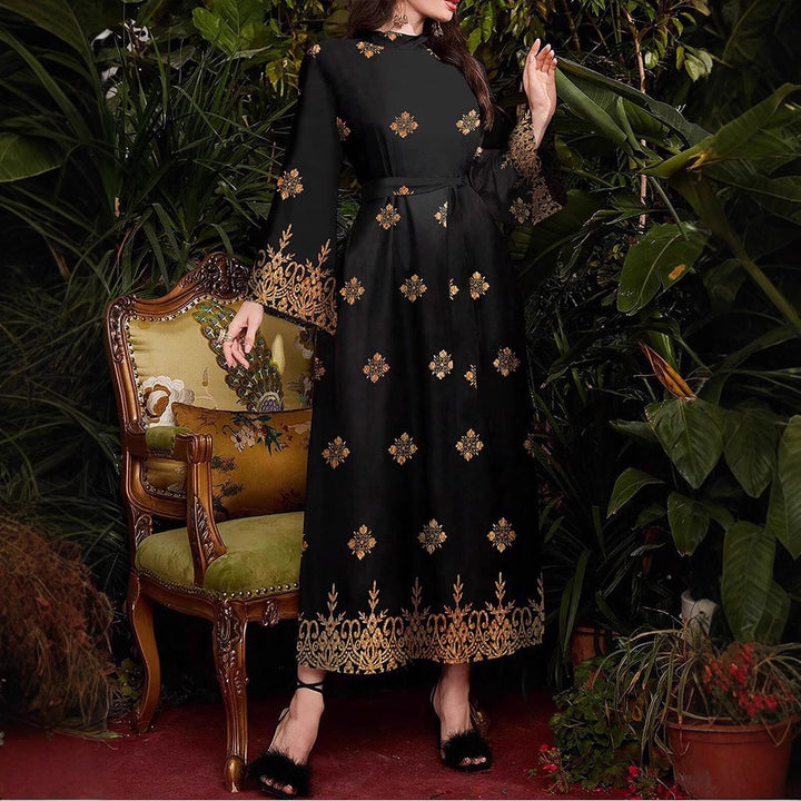 Damen festliches Abendkleid mit elegantem Gold- und Blumenmuster Drune
