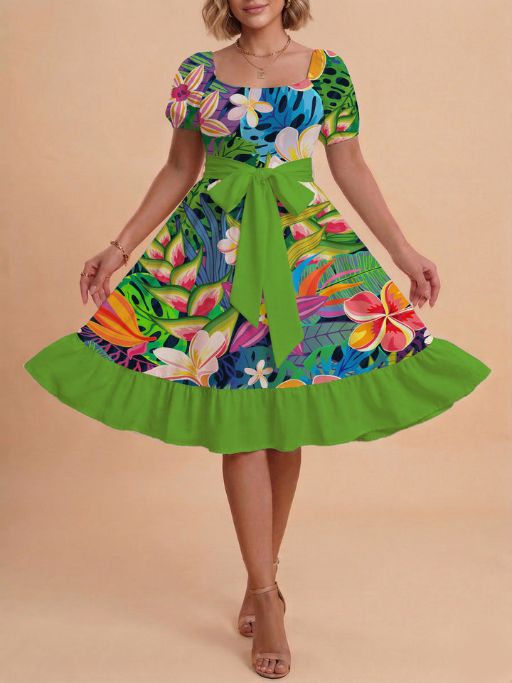 Damen modernes Blumenkleid mit elegantem Taillengürtel und asymmetrischem Saum Drune