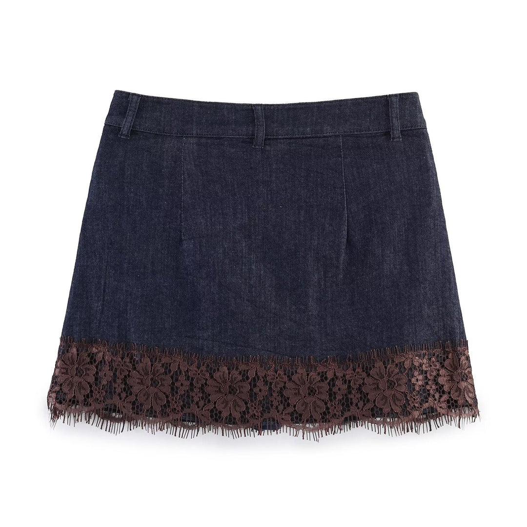 Damen Denimrock mit floraler Spitzenverzierung und fransigem Saum Drune