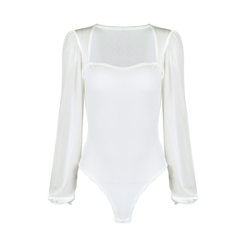 Damen Eleganter Body mit transparenten Puffärmeln und quadratischem Ausschnitt Drune