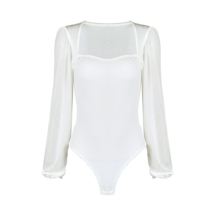 Damen Eleganter Body mit transparenten Puffärmeln und quadratischem Ausschnitt Drune