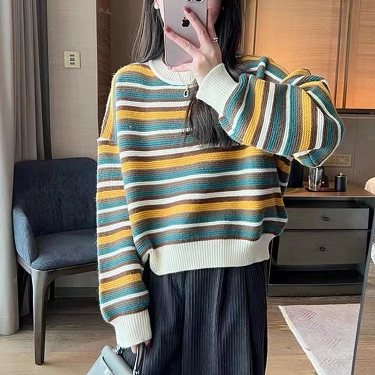 Damen gestreifter Pullover mit weitem Schnitt und modischen Details Drune