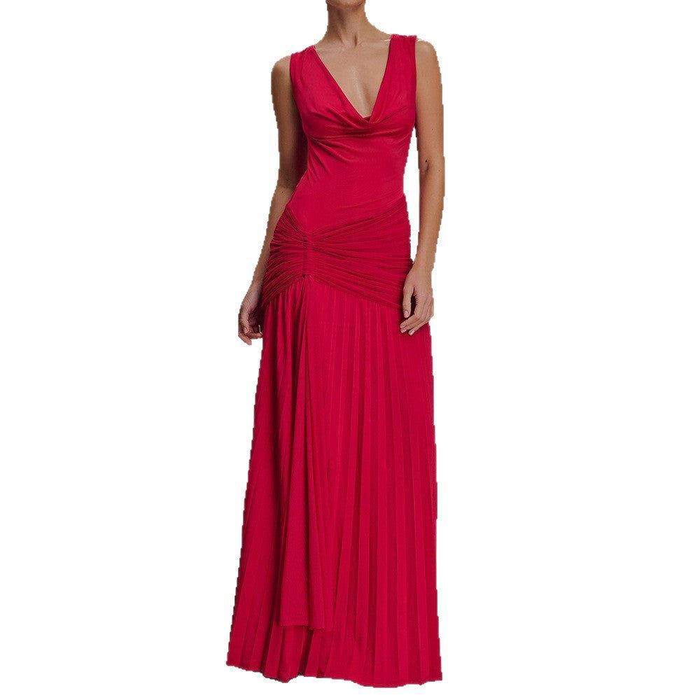 Damen Elegantes Maxikleid mit fließendem Stoff und Raffungen Drune
