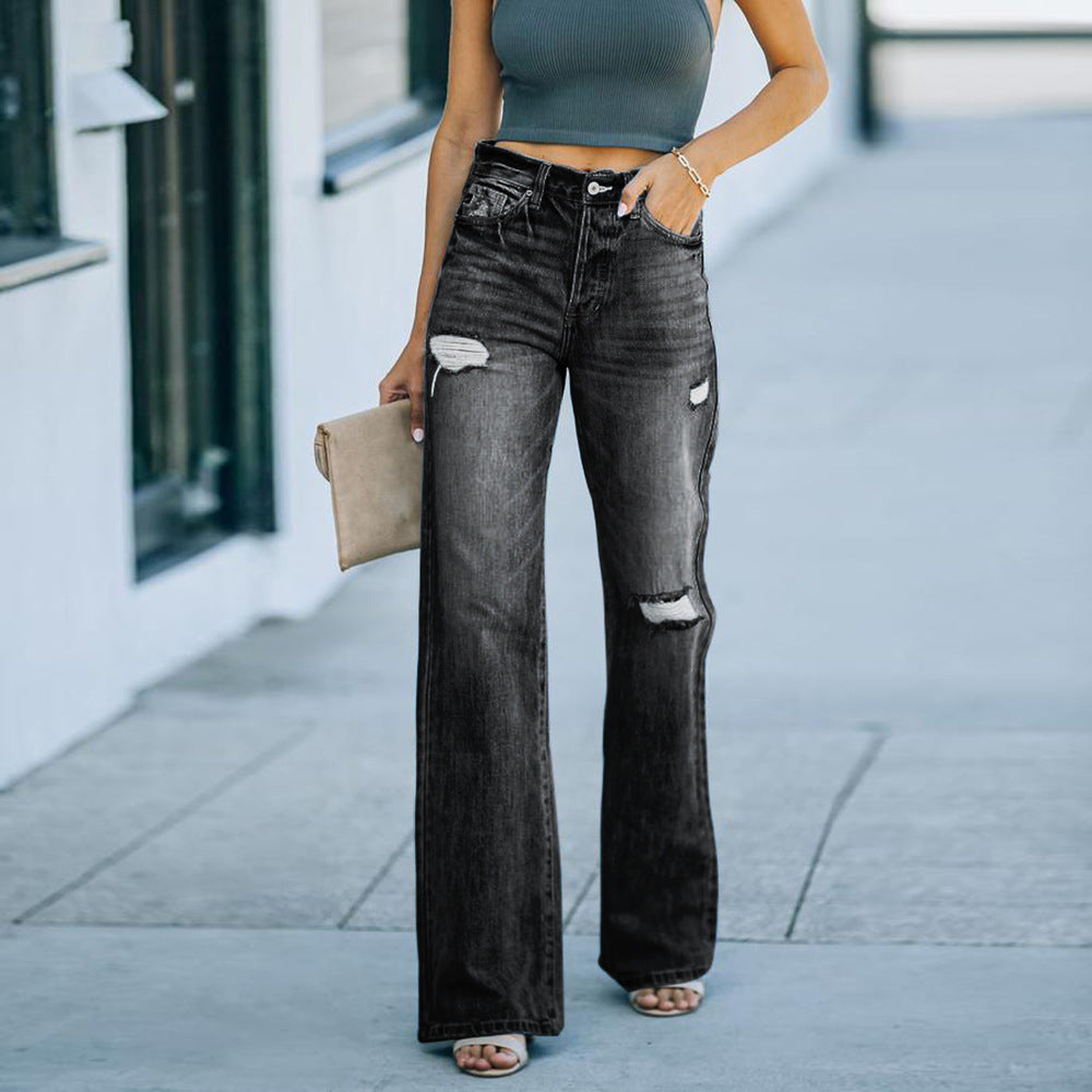 Drune | Jeans Hohe Taille Lockere Passform Weite Beine Used Denim Volle Länge