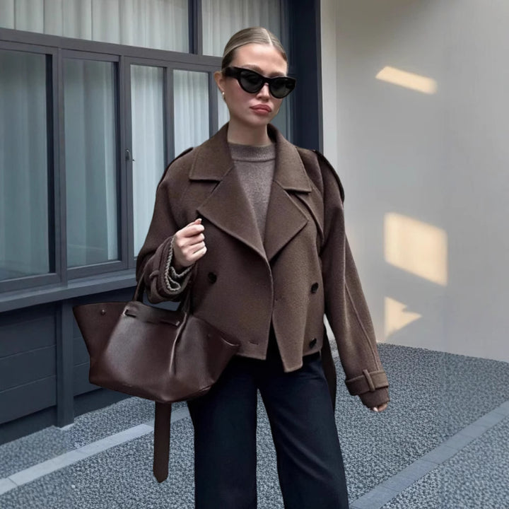 Damen stilvolle cropped Jacke im modernen Biker-Design mit doppeltem Knopfverschluss Drune