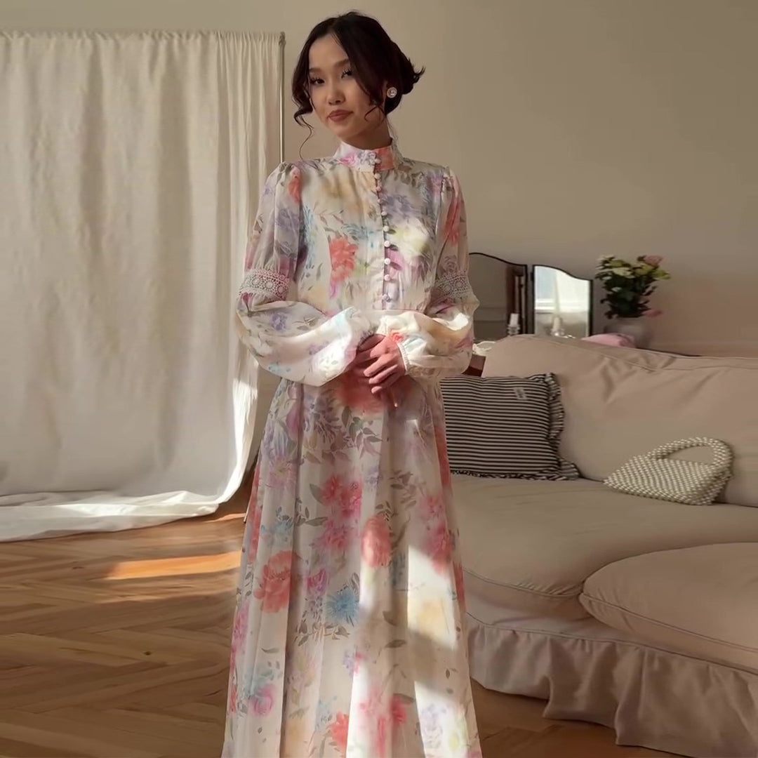 Damen Maxikleid mit feinem Blumenmuster und eleganten Puffärmeln Drune