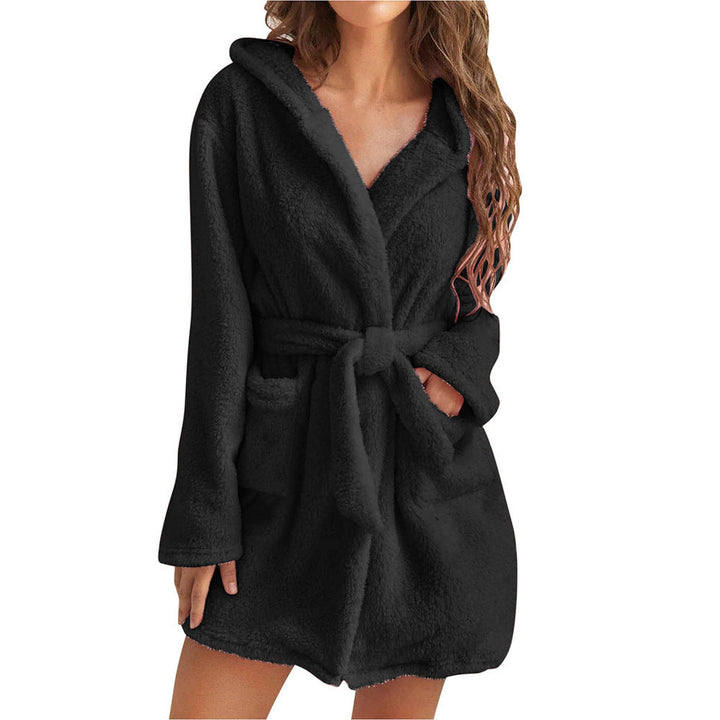 Damen Fleece Bademantel mit Kapuze und Gürtel Drune