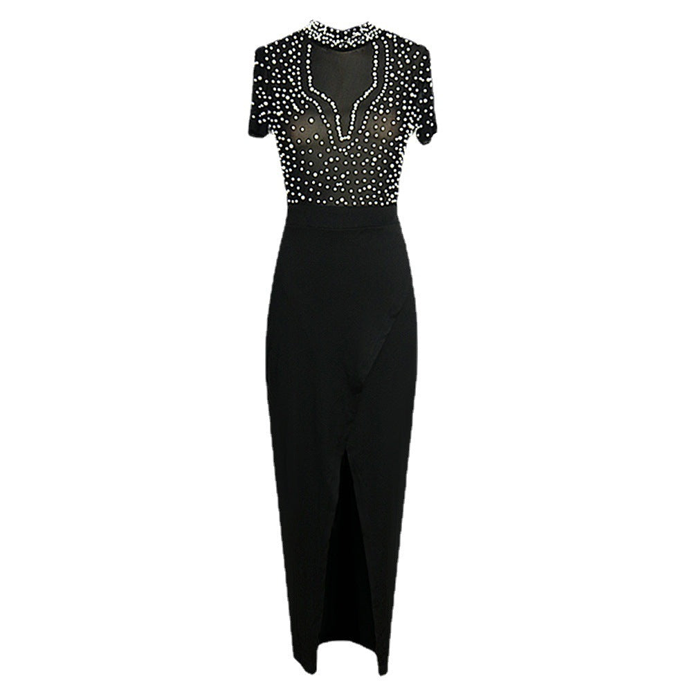 Damen elegantes Maxikleid mit transparentem Oberteil und schimmernden Perlen Drune