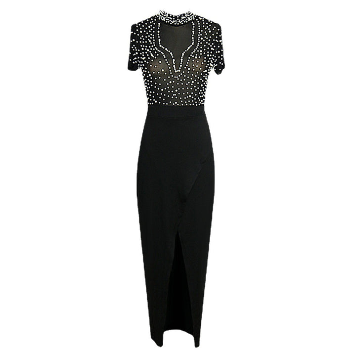 Damen Elegantes Kleid mit transparenten Puffärmeln und Perlenakzenten Drune