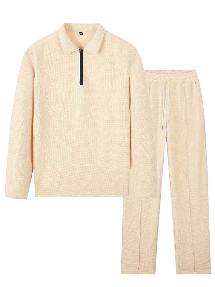 Unisex nan Waffelstruktur Freizeit-Set mit Halbzip-Poloshirt und elastischer Bundhose Drune